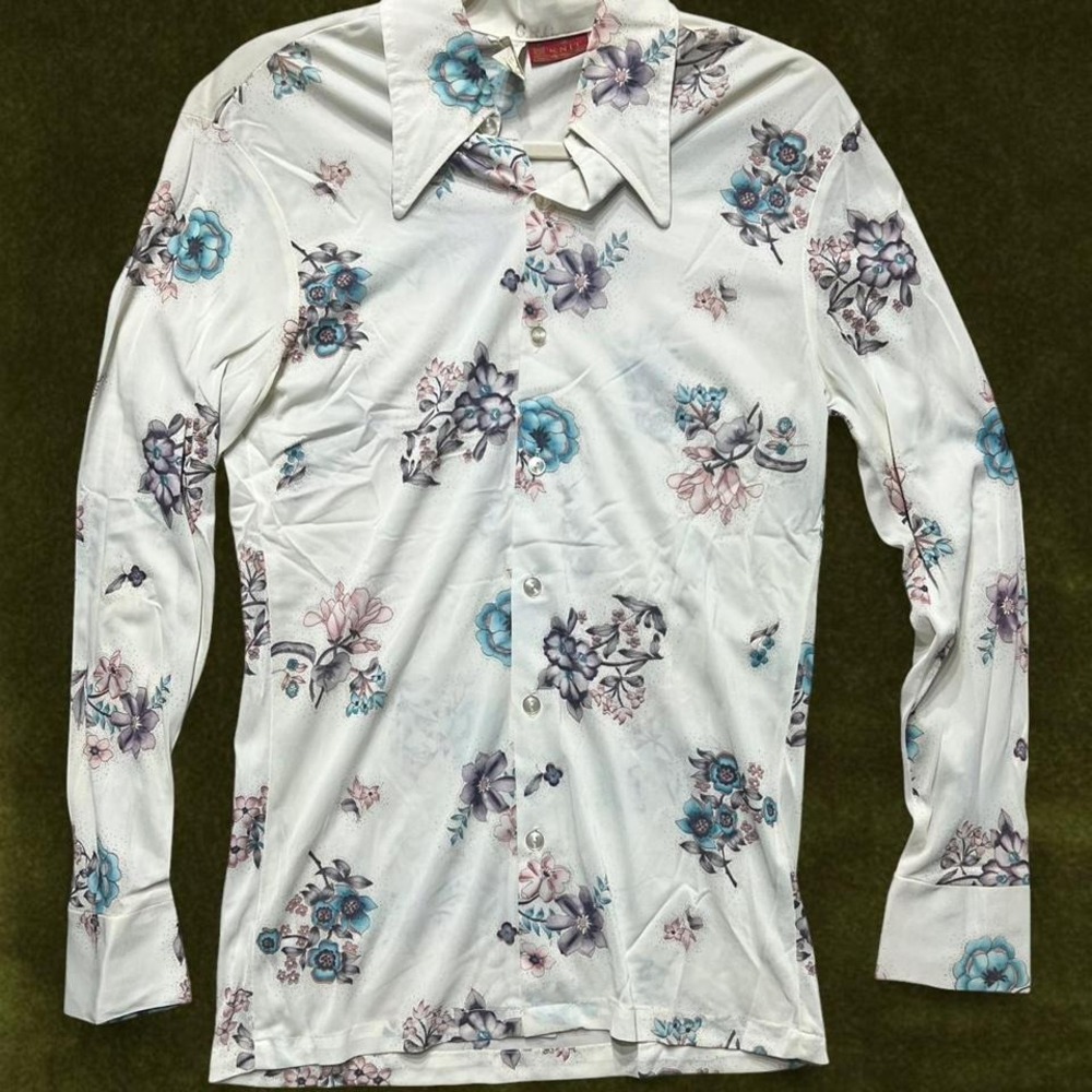 True Vintage 70s Floral Dagger Collar Knit Shirt - Mens Medium (Fits Slim/Small)